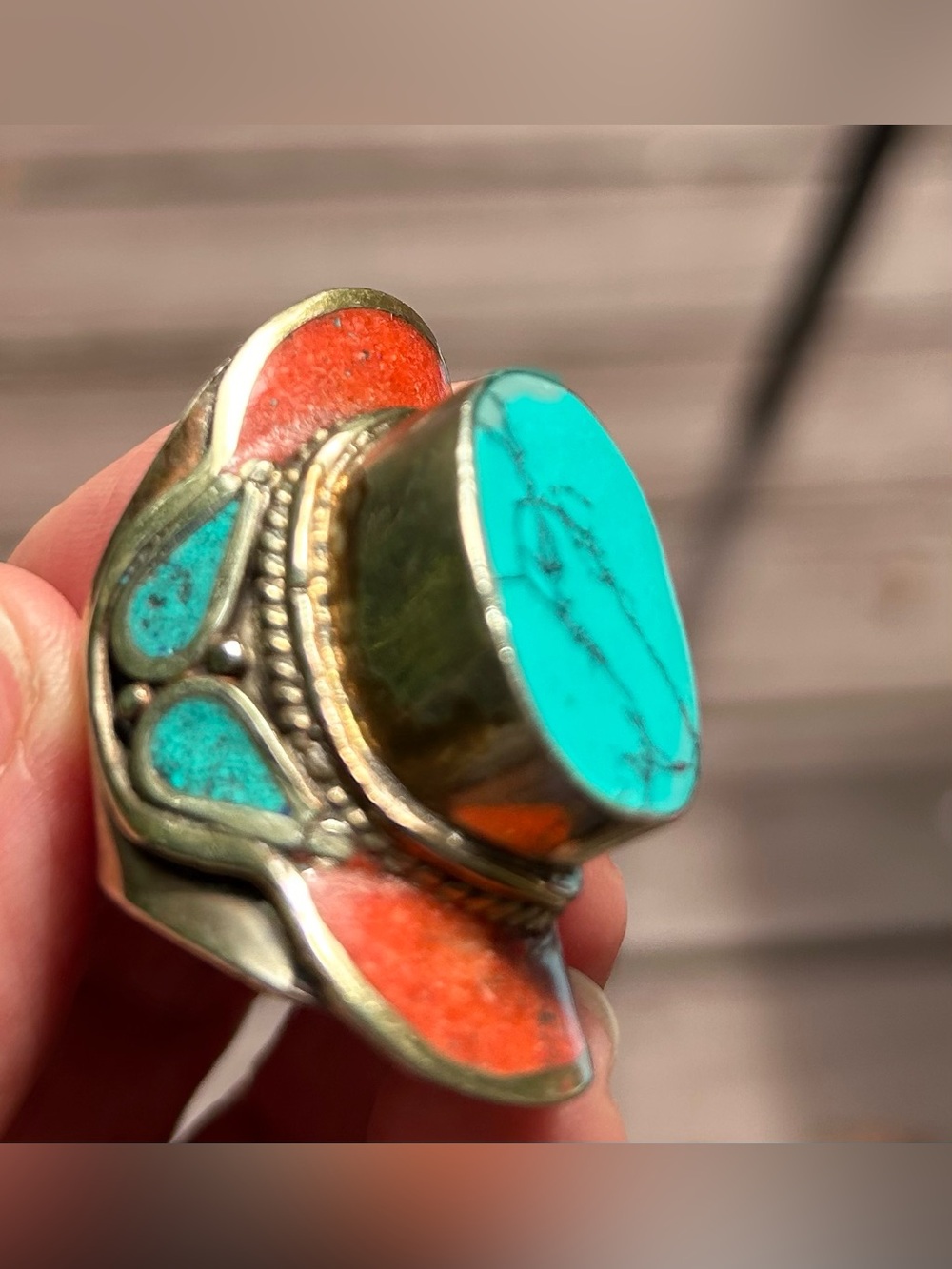An Absolutely Stunning Tibetan Artisan Turquoise & Coral Silver Ring, 10